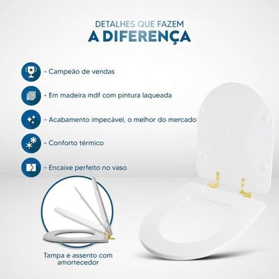 Assento Sanitário Soft Close Smart Branco Para Vaso Celite Com Ferragem Dourada