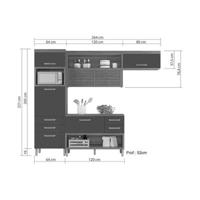 Cozinha Modulada Completa Princesa 3 Peças 1 Aéreo + Balcão + 1 Paneleiro C6p60 Freijó Grafite