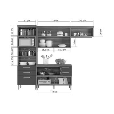 Cozinha Modulada Completa Princesa 3 Peças 1 Aéreo + Balcão + 1 Paneleiro C6p60 Freijó Grafite