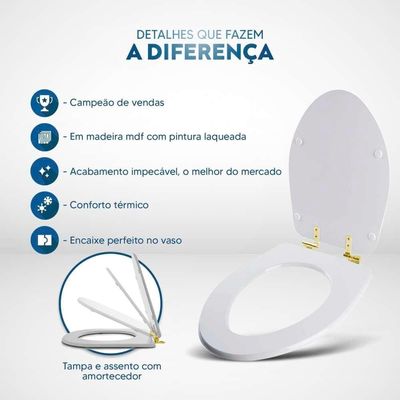 Assento Sanitário Soft Close Alpinia Branco Para Vaso Fiori Com Ferragem Dourada