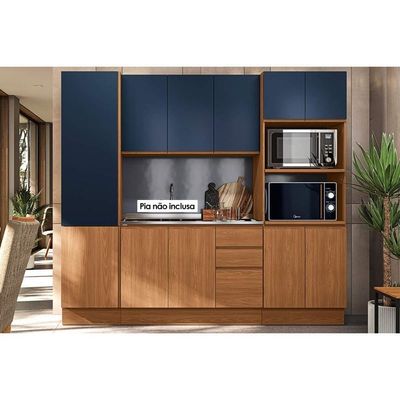 Cozinha Modulada Completa Ciela 4 Peças 1 Aéreo + Balcão + 2 Paneleiros C4p81 Canela Azul Profundo