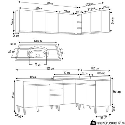 Armário De Cozinha Modulado De Canto 6 Peças Cp30 Com Pia Inox Branco - Lumil