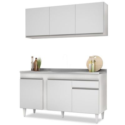 Armário Aéreo Argélia E Balcão Gabinete Com Pia Inox 150cm Dakota Branco - Lumil