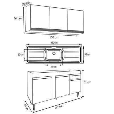 Armário Aéreo Argélia E Balcão Gabinete Com Pia Inox 150cm Dakota Branco - Lumil