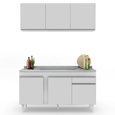 Armário Aéreo Argélia E Balcão Gabinete Com Pia Inox 150cm Dakota Branco - Lumil