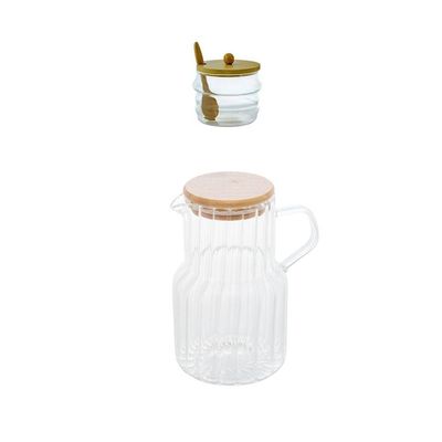 Kit Açucareiro + Jarra 1 Litro Vidro E Bambu