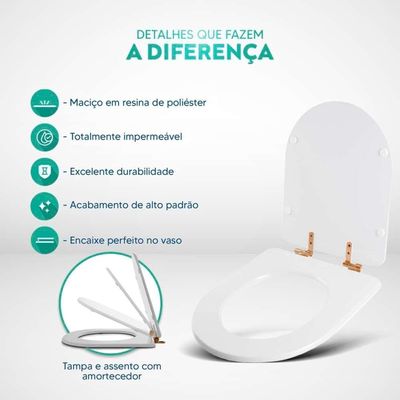 Tampa De Vaso Poliéster Com Fechamento Lento Duna Branco Para Louça Deca Com Ferragem Rose Gold