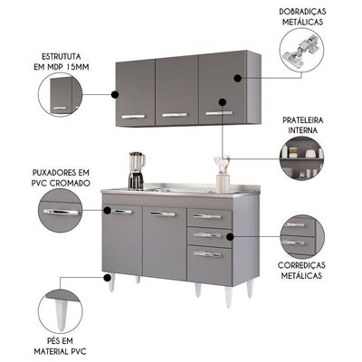 Armário Aéreo Honduras E Balcão Gabinete Com Pia 120cm Suécia Cinza - Lumil