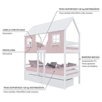 Beliche Casinha Encantada Com 02 Gavetas Madeira Maciça Rosa/ Branco Housin