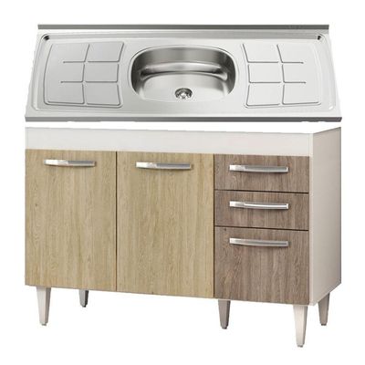 Balcão Gabinete Suécia E Pia Inox 120cm 3 Portas - Lumil Móveis Branco-castanho
