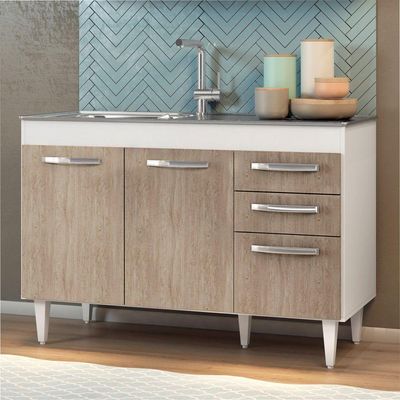 Balcão Gabinete Suécia E Pia Inox 120cm 3 Portas - Lumil Móveis Branco-castanho