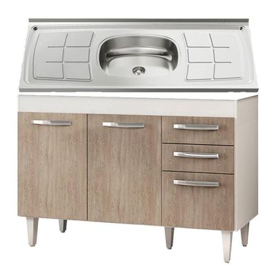 Balcão Gabinete Suécia E Pia Inox 120cm 3 Portas - Lumil Móveis Branco-castanho