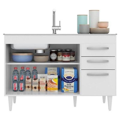 Balcão Gabinete Suécia E Pia Inox 120cm 3 Portas - Lumil Móveis Branco-castanho
