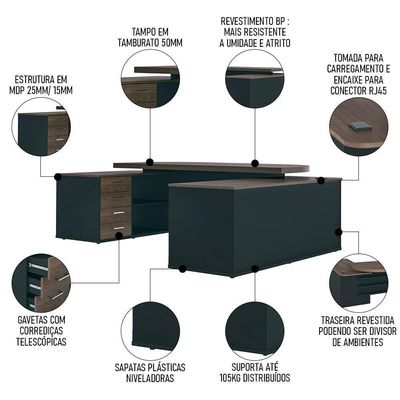 Conjunto Escritório Home Office 3 Peças Corp A06 Charuto-preto - Mpozenato