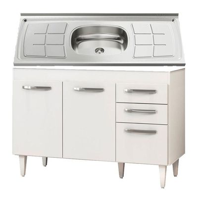 Balcão Gabinete Suécia E Pia Inox 120cm 3 Portas - Lumil Móveis Branco
