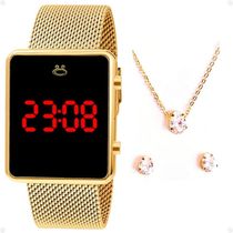 Caixa + Colar + Relogio Feminino Digital Dourado + Brincos Social Presente Qualidade Casual