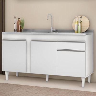 Balcão Gabinete Com Pia Inox 150cm 3 Portas 1 Gaveta Dakota Branco - Lumil