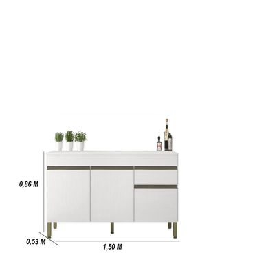 Kit Balcão De Pia Com Tampo E Aereo 150 Cm 6 Portas 1 Gaveta Line - Supremo/supremo/cp-freijó