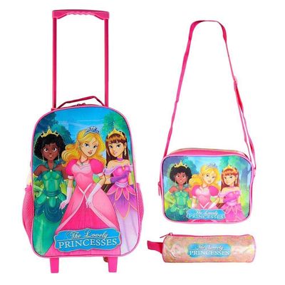 Kit Escolar Infantil Mochila Lancheira Térmica E Estojo 3 Peças Estampa De Princesas Cor Rosa
