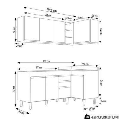 Armário De Cozinha Modulado De Canto Esquerdo 4 Peças Cp46 Balcão Sem Tampo Branco