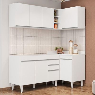 Armário De Cozinha Modulado De Canto Esquerdo 4 Peças Cp46 Balcão Sem Tampo Branco