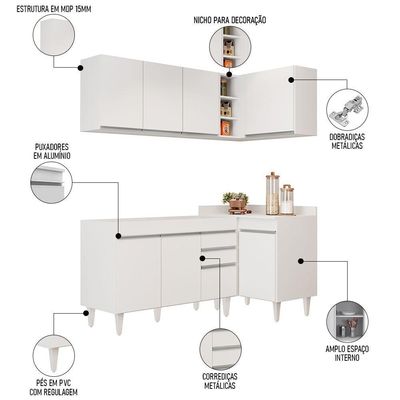 Armário De Cozinha Modulado De Canto Esquerdo 4 Peças Cp46 Balcão Sem Tampo Branco