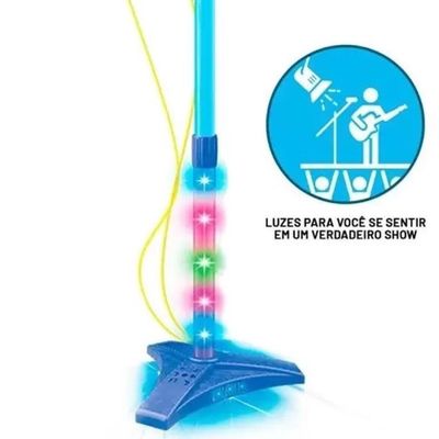 Microfone Infantil Duplo Azul Karaokê Luz E Som Celular Mp3