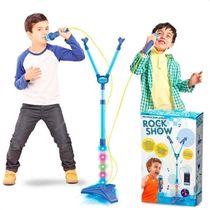 Microfone Infantil Duplo Azul Karaokê Luz E Som Celular Mp3