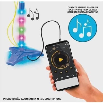Microfone Infantil Duplo Azul Karaokê Luz E Som Celular Mp3