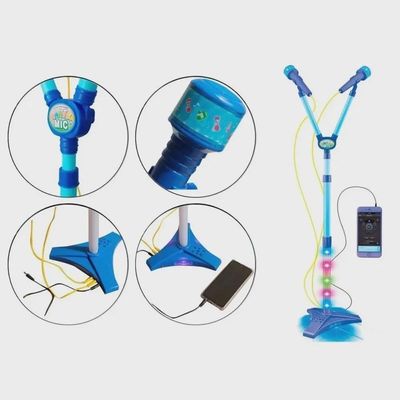 Microfone Duplo Infantil Luz E Som Conecta Celular Mp3 Azul