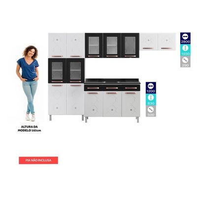 Cozinha Completa Modulada De Aço 4 Peças Com Vidros E Gabinete Pia Multimóveis Cr20351 Branco-preto