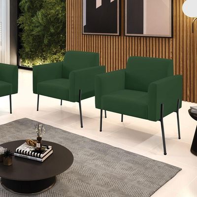 Poltrona Pé De Ferro Preto Para Sala Kit 2 Marisa Veludo Verde D03 - D'rossi