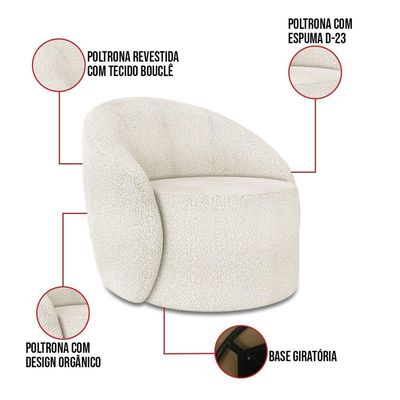 Sofá 3 Lugares Orgânico 180cm Morgan E 2 Poltronas Lua Bouclê Off White D03 - D'rossi