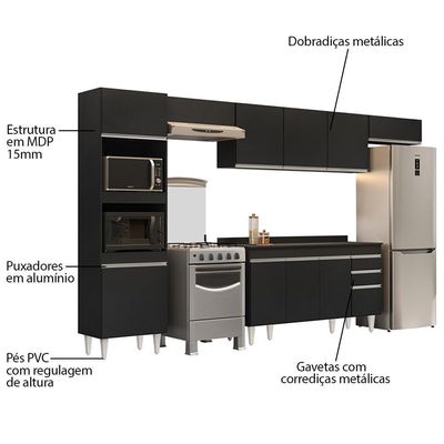 Armário De Cozinha Modulada 5 Peças Cp14 Balcão Com Tampo Preto - Lumil