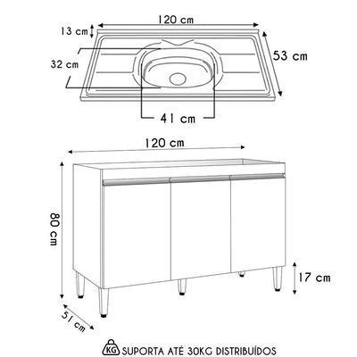 Balcão De Cozinha Com Pia Inox 120cm 3 Portas Manu Cinza - Ajl Móveis