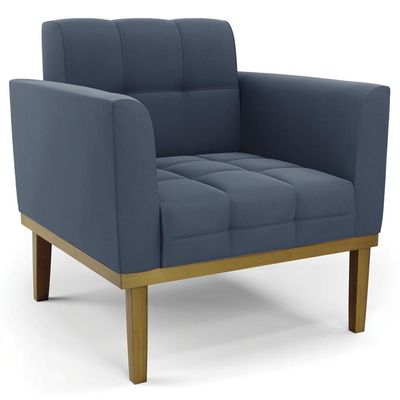 Poltrona Base Madeira Castanho Kit 2 Ana Suede Azul Marinho - Ibiza