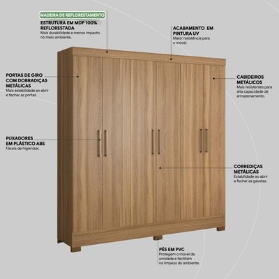 Guarda Roupa Casal 6 Portas E 3 Gavetas Prático Amêndola Touch