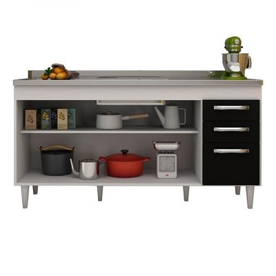 Balcão Gabinete áustria Com Pia Inox 160cm 4 Portas Branco-preto - Lumil Móveis