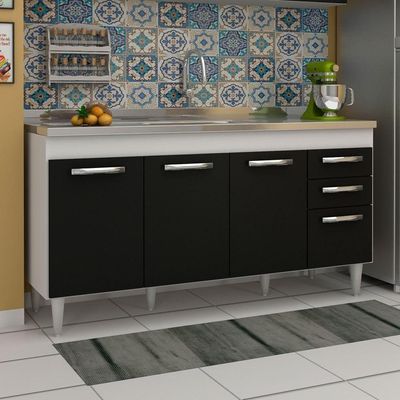 Balcão Gabinete áustria Com Pia Inox 160cm 4 Portas Branco-preto - Lumil Móveis