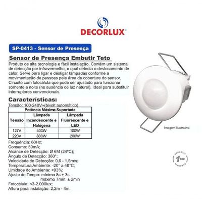 Sensor De Presença De Teto Embutir 6m Spo413 100-240v