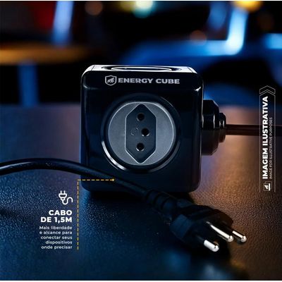 Adaptador Bivolt Energy Cube - Preto - Com 5 Tomadas e Cabo de 1,5 M - Gshield