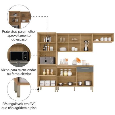 Armário de Cozinha Completa  Kit's Paraná Freijo Cinza