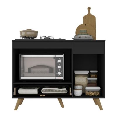 Balcão Para Cooktop E Forno 105cm 1 Porta 1 Gaveta Veneza Multimóveis Mp2258 Preto Dourado
