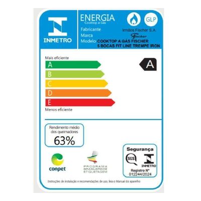 Cooktop a Gás Fischer 5 Bocas Fit Line Tripla Chama Trempe Iron - Bivolt