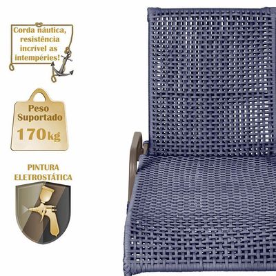 02 Espreguiçadeiras Reclinável Catar Marrom Corda Náutica Azul