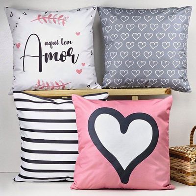 Kit 4 Capas De Almofadas Decorativa Aqui Tem Amor