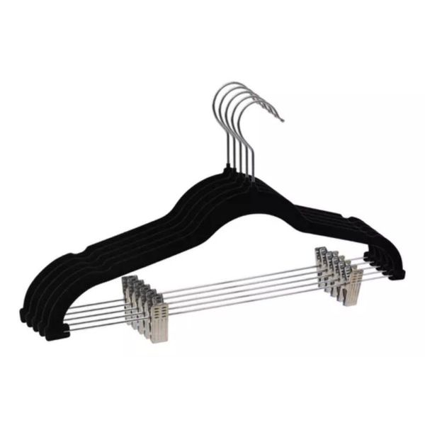 Kit 05 Unidades Cabide Slim Veludo Preto Com 10 Presilhas
