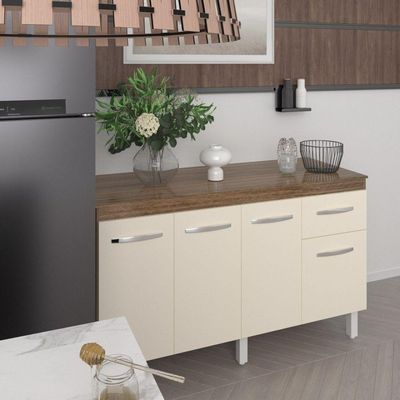 Balcão Cozinha Armário Gabinete Camila Off White Com Tampo Tampão 140 Cm Mobília Decor