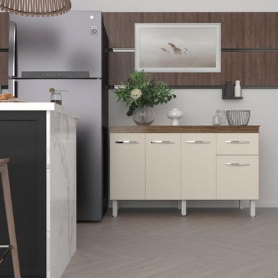 Balcão Cozinha Armário Gabinete Camila Off White Com Tampo Tampão 140 Cm Mobília Decor