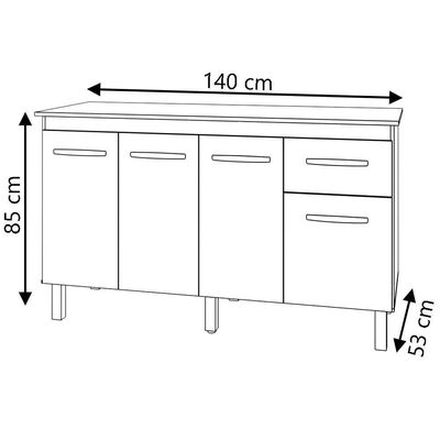 Balcão Cozinha Armário Gabinete Camila Off White Com Tampo Tampão 140 Cm Mobília Decor